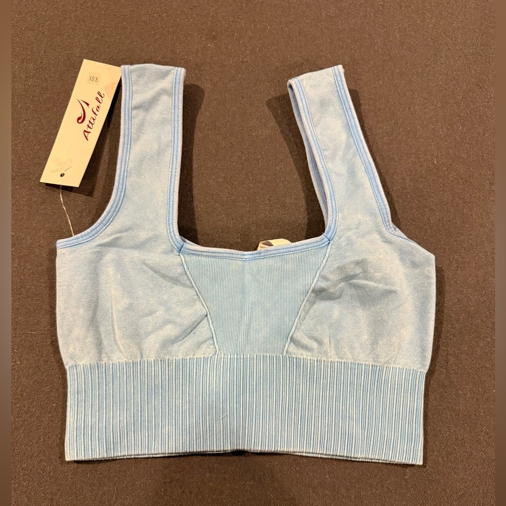 Attifall Seamless Square Neck Sports Bra Ribbed Crop Top Low Cut Blue Size XS/S - Picture 1 of 5